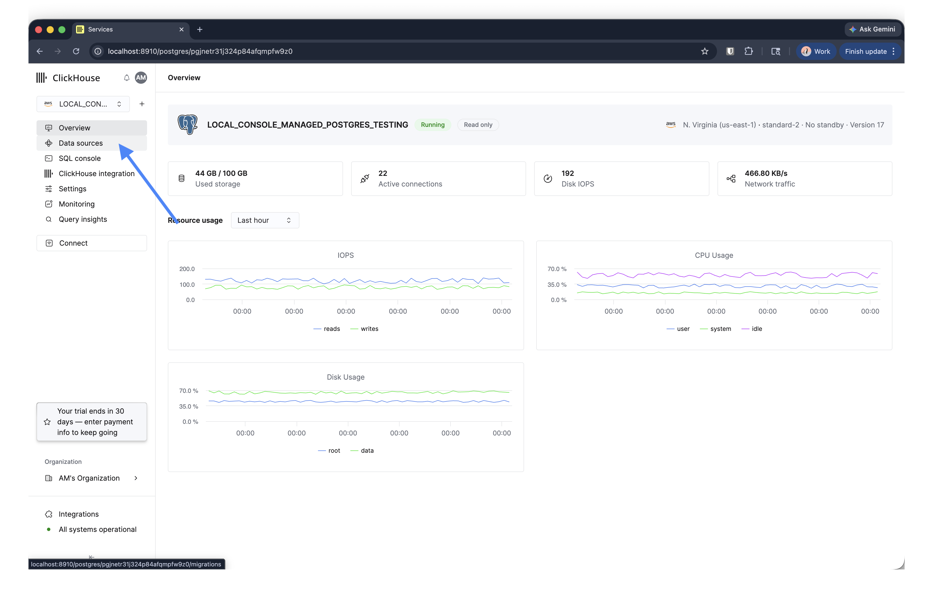 Managed Postgres 서비스 사이드바의 Data sources 항목